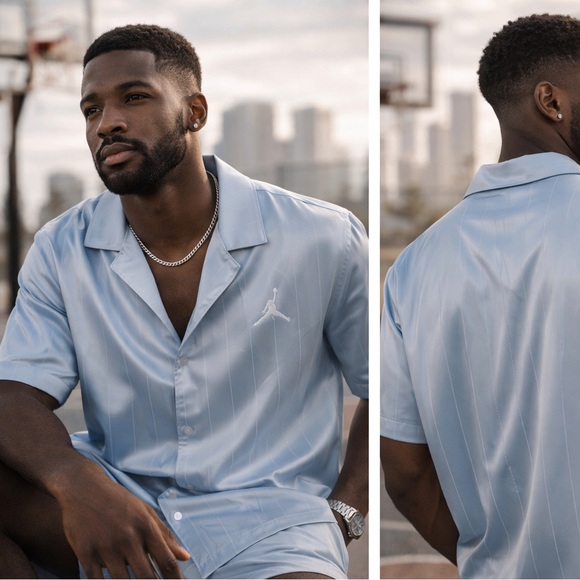 Nike Air Jordan Sky Blue Satin Button-Up Shirt – Men’s L Loose Fit Cuban Collar - Picture 2 of 15